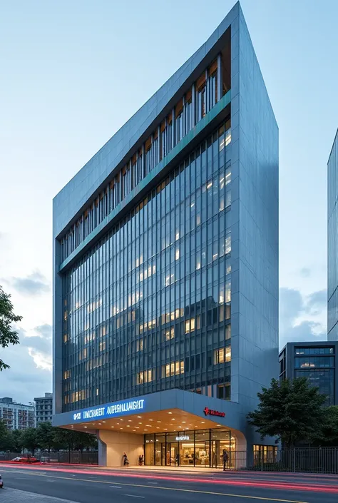 Modern hospital facade with modern style shape with modern colors with hospital name on the facade