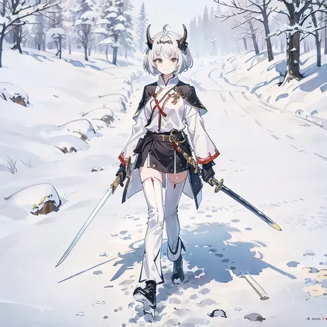 Girl with short white hair 
And horns on the head
 Walk in the white snow 
Along with his long sword 
Full body
