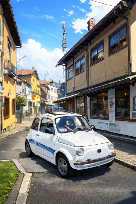 (masterpiece:1.2,  best quality),(  very detailed),(((Anime Style)))，8k， wallpaper，white Fiat 500  ，execution，  old Japanese medieval townscape，  blue sky，Abarth specification:1.2，(((Chemical language)))，