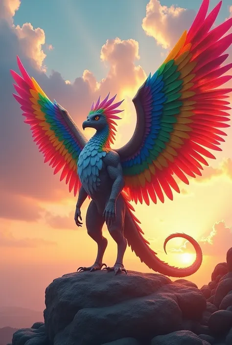 A photo of a hyper-realistic masterpiece of a majestic mythical creature with a humanoid form. The creature has a colorful rainbow feathered attire and expansive wings spread out against a vibrant sunrise sky. The creature stands atop a stone platform and ...