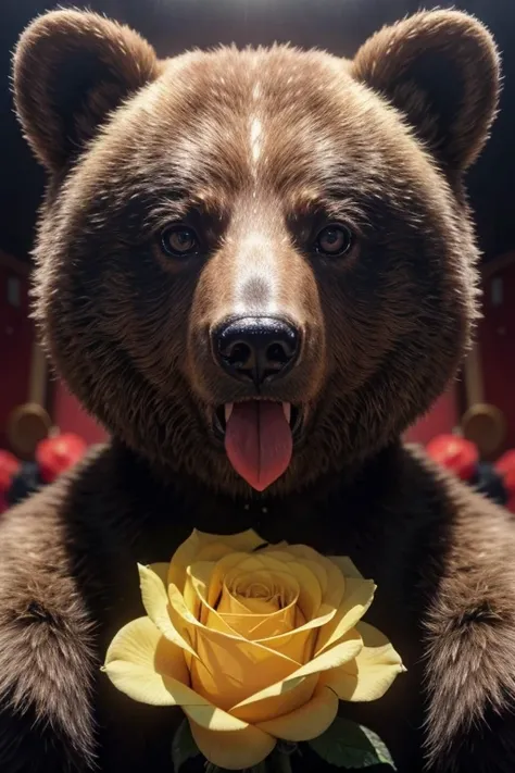 Detailed face of a robotic bear poking its tongue; its beautiful eyes shine like stars; its fur is yellow; its heart is a red rose...