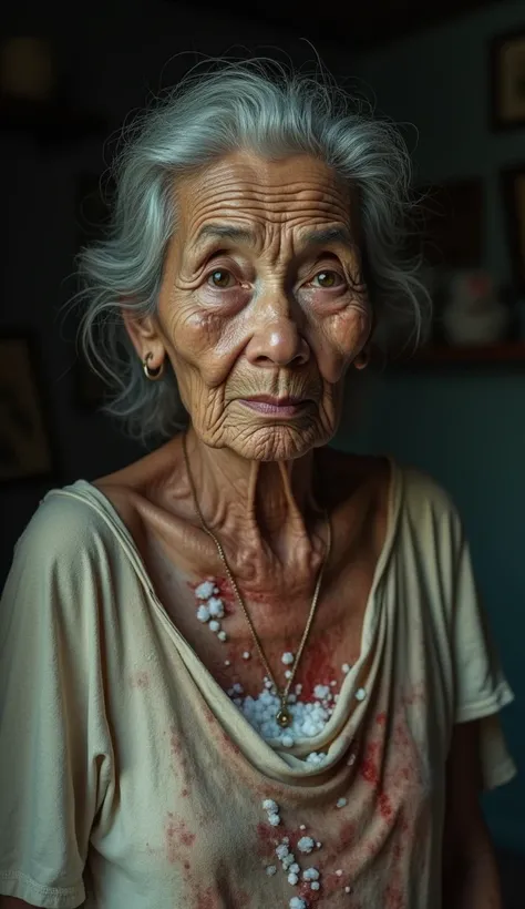 "An elderly Thai woman she is The scene shows her at home, with salt visibly leaking from wounds on her body, a result of her excessive salt use.