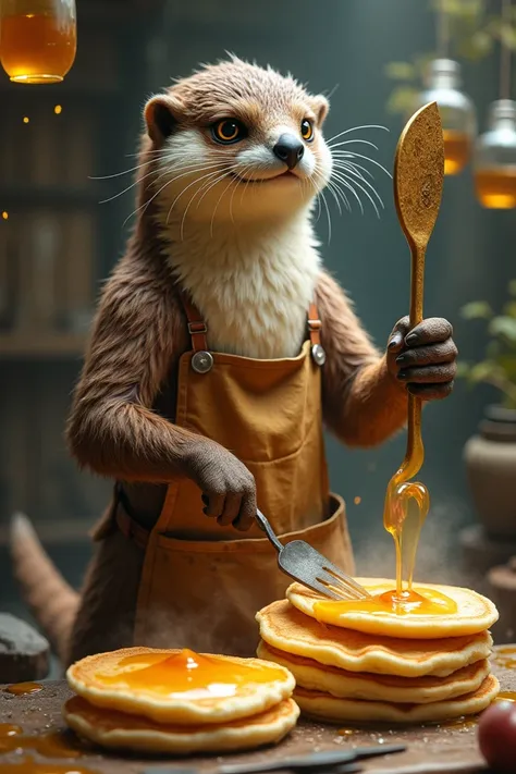 An otter-hawk hybrid in a weathered apron flipping golden pancakes, their talons gripping enchanted spatulas as magical syrup pours from floating jars.  