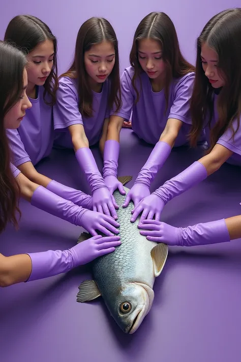 Five Girls Wearing Purple Latex Gloves Itching A Fish