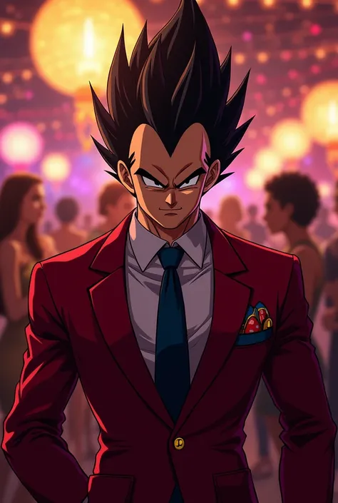 Vegeta is spying in a red suit at the party