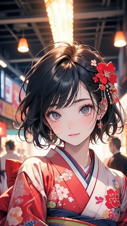 (high quality, 16K, masterpiece: 1.3)),  1 girl at home,  clearly focuses : 1.2,  Beautiful women with perfect bodies : 1.4,  Slim abs : 1.2, (((Short hair)), ((Small: 1.4)), (( Beautiful Face Idol : 1.3)), ( Clear fabric kimono 1 .5)),  highly detailed fa...