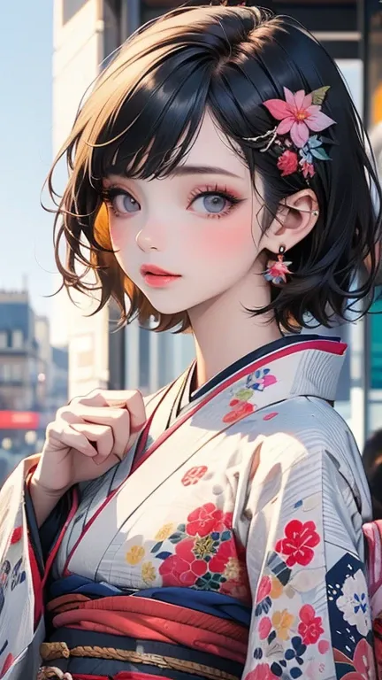 (high quality, 16K, masterpiece: 1.3)),  1 girl at home,  clearly focuses : 1.2,  Beautiful women with perfect bodies : 1.4,  Slim abs : 1.2, (((Short hair)), ((Small: 1.4)), (( Beautiful Face Idol : 1.3)), ( Clear fabric kimono 1 .5)),  highly detailed fa...