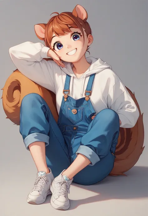 (masterpiece,  best quality:1.2),  anime-style character design。 one girl ，Big Eyes， cute expression ， white shirt， blue overalls， White Hoodies 、 white sneakers，stand， funny， funny， clear Line 、 simple background、 perfect body、 perfect face、smile、squirrel