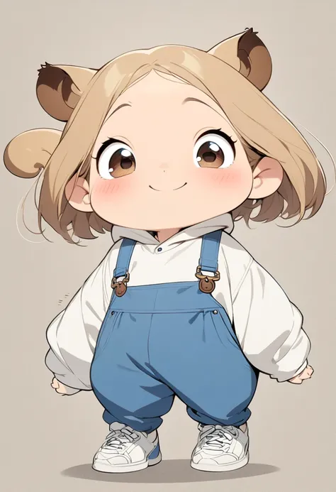 (masterpiece,  best quality:1.2),  anime-style character design。 one girl ，Big Eyes， cute expression ， white shirt， blue overalls， White Hoodies 、 white sneakers，stand， funny， funny， clear Line 、 simple background、 perfect body、 perfect face、smile、squirrel