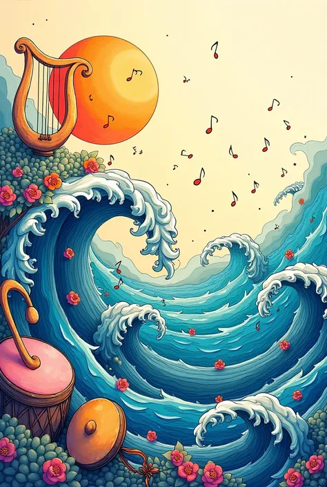 A sketch design of Ocean Waves with musical instruments like drums and Lyres , cymbals and others
  and musical notes. A sun , A spaced Circle for School Logo