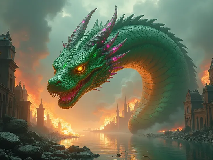 The green snake has a crest, its body is huge, as big as a mountain, the eyes are green, the pink patterns, the scales are jeweled, throwing fire on many flooded ancient cities, looking angry.