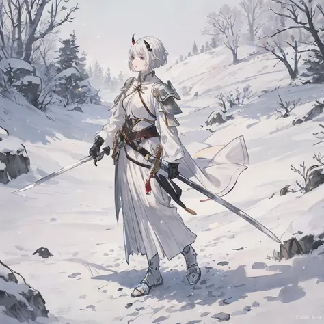 Girl with short white hair 
And horns on the head
White armor 
Walk in profile in the white snow 
Along with his long sword 
Full body
