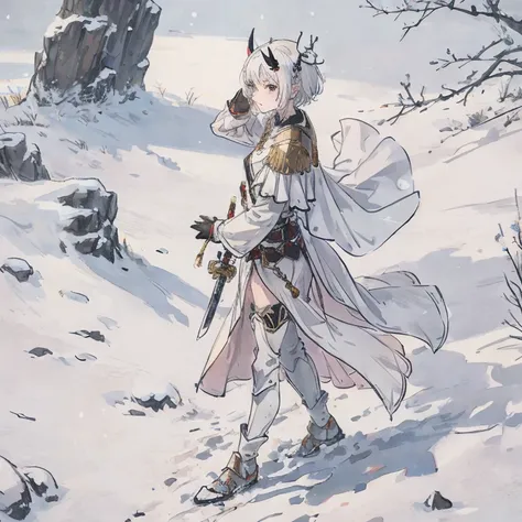 Girl with short white hair 
And horns on the head
White armor 
Walk in profile in the white snow 
Along with his long sword 
Full body
