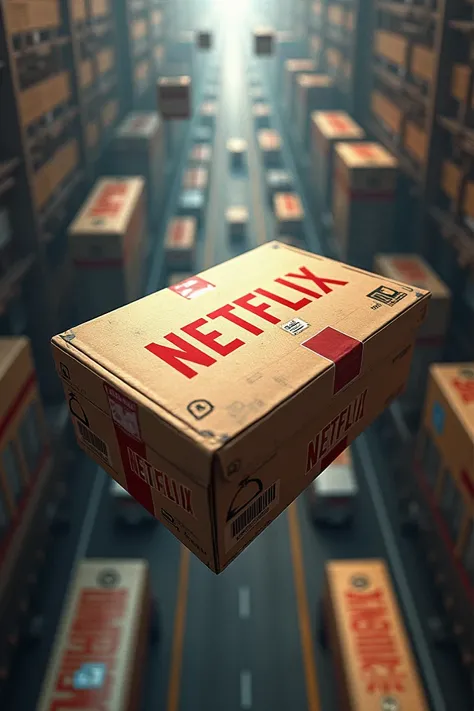 A 3D illustration of a postal package with a Netflix DVD inside, traveling through a mail system. The background could feature a vast network of interconnected mail trucks and delivery routes, representing the early logistics of Netflix’s DVD rental servic...