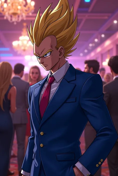 Vegeta is spying in a blue suit at the party