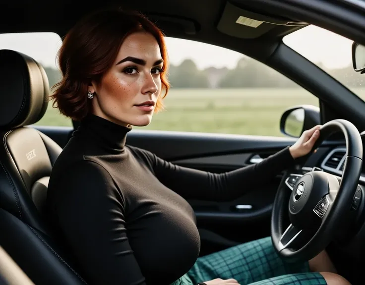 Photorealistic picture, cinematic style, a beautiful British woman driving a car. View from inside the car. she is smiling. She has Brown eyes, downturned eye shape, light skin and freckles, bob hairstyle. Shes wearing a black tight turtleneck and (knife p...