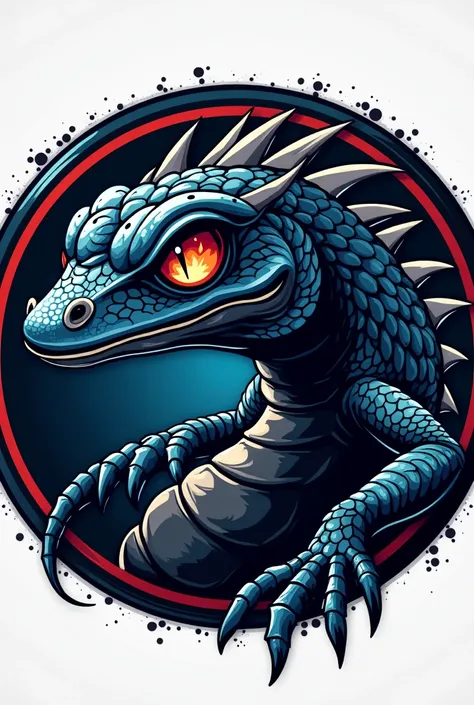 Circle logo design ,  inside which there is a screen type water lizard mascot with a fierce and friendly look.  Physical features Hard and sharp black scales in combination with red, blue eyes like sparkles 