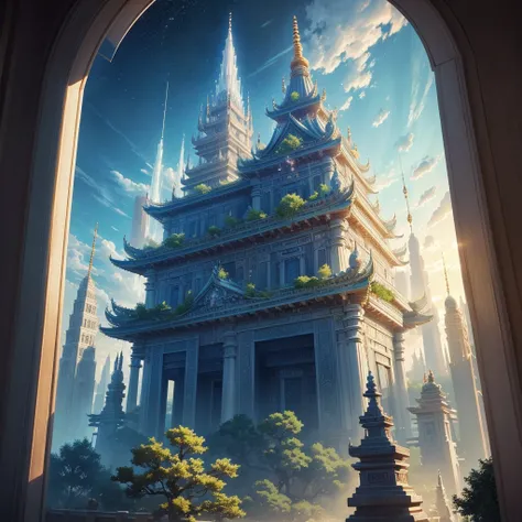  A super huge temple made of glass and diamonds is towering。 Best Quality， super high definition ， anime picture ， Super Giant Jewel Main Gate ，masterpiece， Diamond Staircase ，Sacred Place ，Jewelry decoration，ＳＦ，Glass Tower，Colorful， Super Giant Swordsman ...