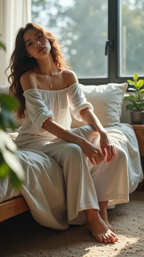 (photorealism:1.2), beautiful woman, sitting on bed, wearing loose off-shoulder top, pajama pants, long curly hair, indoors, soft lighting, plants in background, window with sunlight, cozy room, relaxed pose, realistic, intricate details, warm colors, by G...