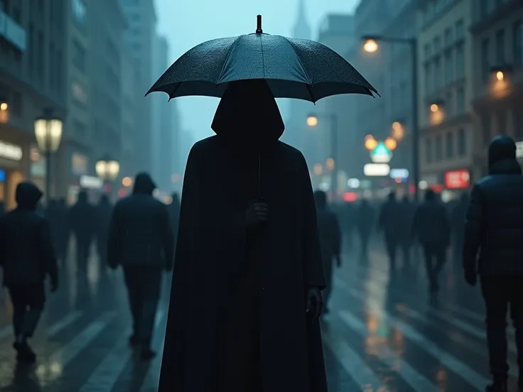 A mysterious man covered in total black that you cant see his face in the rain with an umbrella in the city with a lot of people on a blue day and who can be seen from an aerial view 