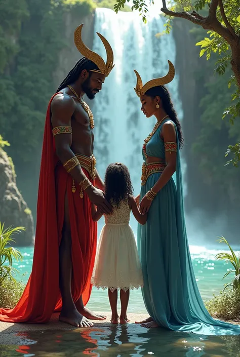 Oxum and Xangô at a waterfall taking care of their adult daughter 
Put on Xango in red robes and Oxum in blue clothes and the daughter in white clothes