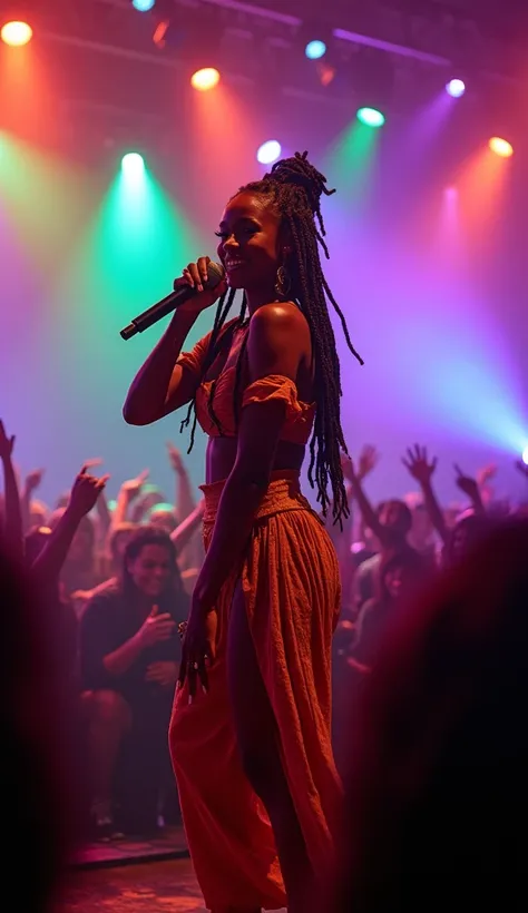 In front of many people、A beautiful female reggae singer is singing、 High Quality、Rave Venues、