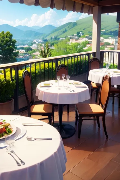 Experience the charm of an Italian restaurant nestled amidst picturesque views. Enjoy the serene ambiance with lush trees, elegant chairs, and tables offering a perfect setting for your dining pleasure."