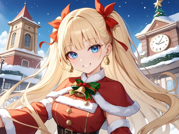 one girl(Long hair, Blonde,  Very Long Hair , Looking at viewers with open ears , Hair Ribbon, masterpiece,  high resolution,  looking at the viewer , smile,  blue eyes, earring, 16-year-old girl,  pretending to be bright while hiding dark worries or the p...