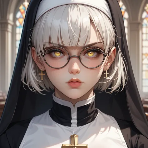 woman, white hair, bangs cut,  short hair, wearing nun clothes, dark round frame glasses, sexy lips, freckles on the face, yellow-colored eyes ,  intimidating look , Robust physique,  sitting cross-legged , dark glasses with cross twinkle on the eyes, anim...