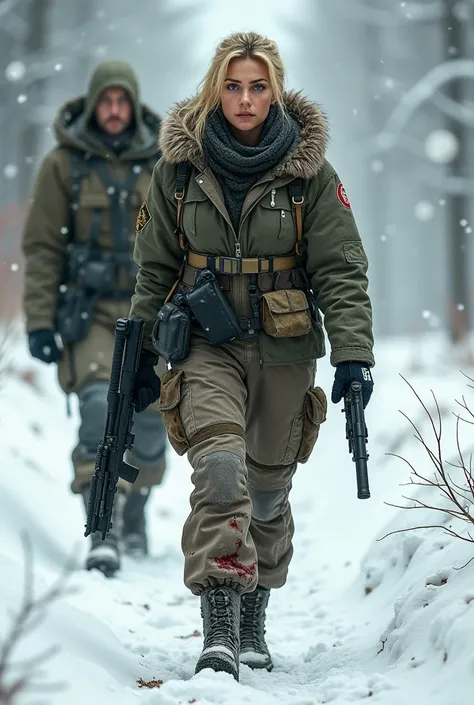 Blonde woman walking in the snow with a glock gun in one hand and a machine gun in the other and bleeding from a thigh with pants and behind her a tall and strong light tan with green eyes that accompanies her 