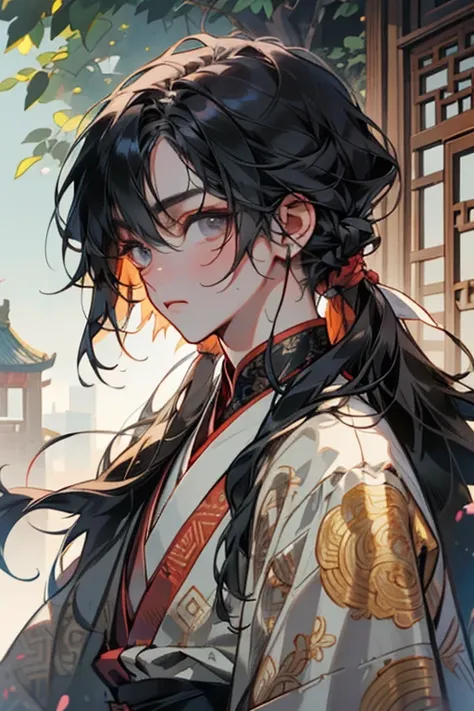 (masterpiece,  Top Quality ,  Top Quality , Official Art,  beautiful and aesthetic :1.2),(1 :1.3), (Fractal Art:1.3),Upper body, Shota,  look at the viewer , pattern,  black head, Long hair, Half-tied hair, Hair tied in half, Gray eyes, No chest ,  ancient...