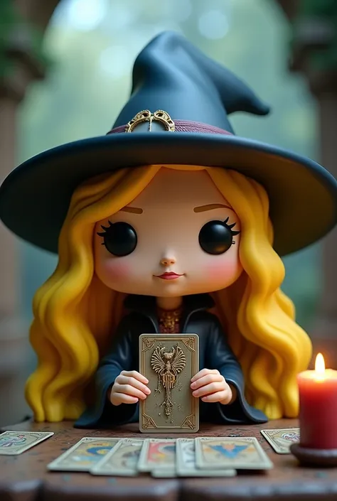 Witch with long yellow hair and waves in funko pop style reading the tarot 