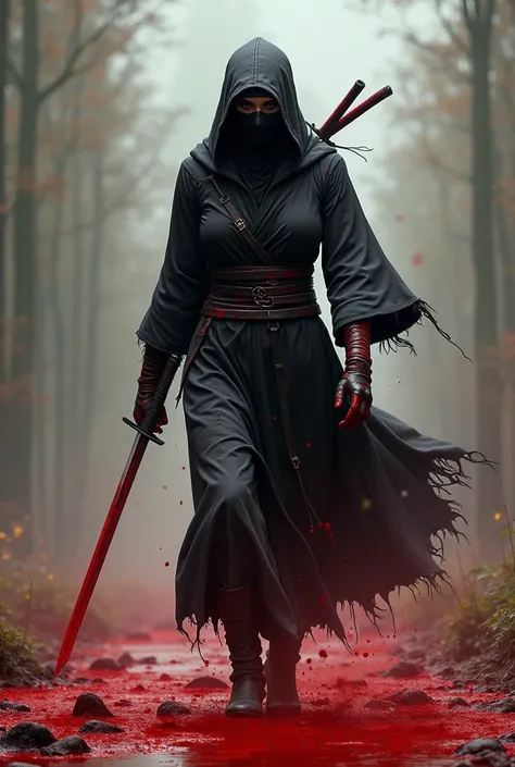 Hight quality, realistic, very beautiful  girls, big breasts, walking past piles of blood started profusely covered male, Many sharp kunai stuck to Male body, blood splashed, Male dies, blood splashed, blood splashing, male ninja, male face mask ninja