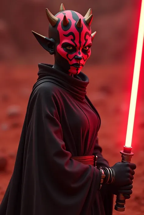 Star Wars, Darth Talon, a Twilek female,holding a red lightsaber,old Darth Maul holding a red lightsaber, in Mustafar, Lava planet,masterpiece, Best Quality, Hyperrealism,High detailed face, 8k, High resolution,HD