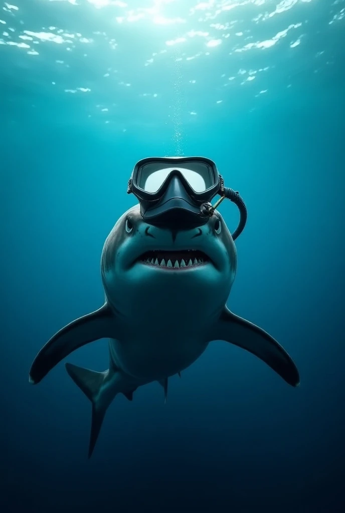 Shark in the ocean with scooba mask