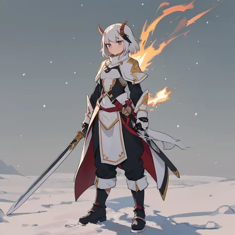 Girl with short white hair 
And horns on the head
White armor 
Walk in profile in the white snow 
Along with his long sword 
Full body
Simple background, Serious, spark,  illustration, 