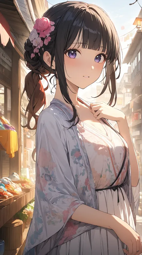 1 girl, ( cute face),  ponytail, to many hairstyle, ファンタジー商people,  Big Breasts , Neat dress, Thin Shawl,  Modest Accessories ,   Pottery skin ,  cowboy shots, break, Market Scenery , (Warm Light:1.2),  Vibrant Atmosphere , break,  colorful cloth , people々...