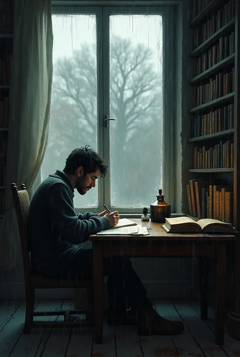 a poet writing a poem on a rainy afternoon 