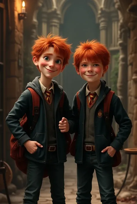 A realistic image of Fred and George Weasley as described in the Harry Potter books 
