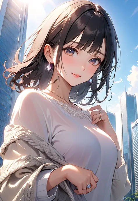  best quality,  amazing_delicate, Super detailed, beautiful, 8k ,  1 girl,  black hair,knit,  earrings for a woman alone, Outdoor,  bright 、(Married Woman:1.2、Mature Woman:1.2,sunlight:1.3、Clear skies:1.3)、 Tokyo skyscrapers 、bewitching、ring、 looking at ca...