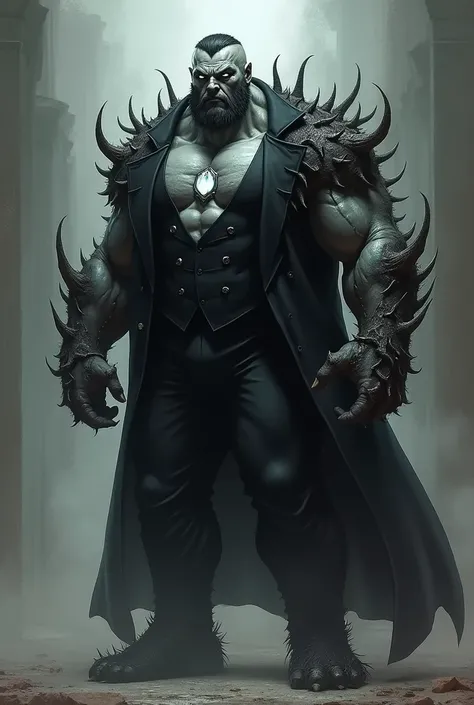 Big muscular man with gray skin,  with thorns on his body , clothes with a black suit and hair and a black gem on her chest 
