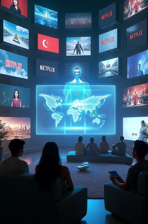 A futuristic 3D living room scene, where people are watching Netflix on a wide variety of screens: TVs, tablets, phones, and even holograms. It could show a diverse group of people, highlighting Netflix’s wide-reaching global audience