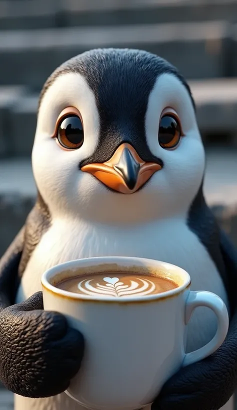 (masterpiece, Best Quality:1.2), penguins eyes close up, penguins eyes , up, penguins face up:1.5,  so beautiful, penguins eyes reflecting stone steps A penguin is holding a cup of coffee , (((UHD, masterpiece, retina, best quality, high details:1.1, super...