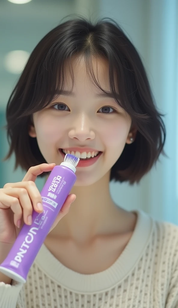  Front view Korean woman short hair brushing teeth in bathroom Left hand holding purple toothpaste tube small mouth opening short hair smiling