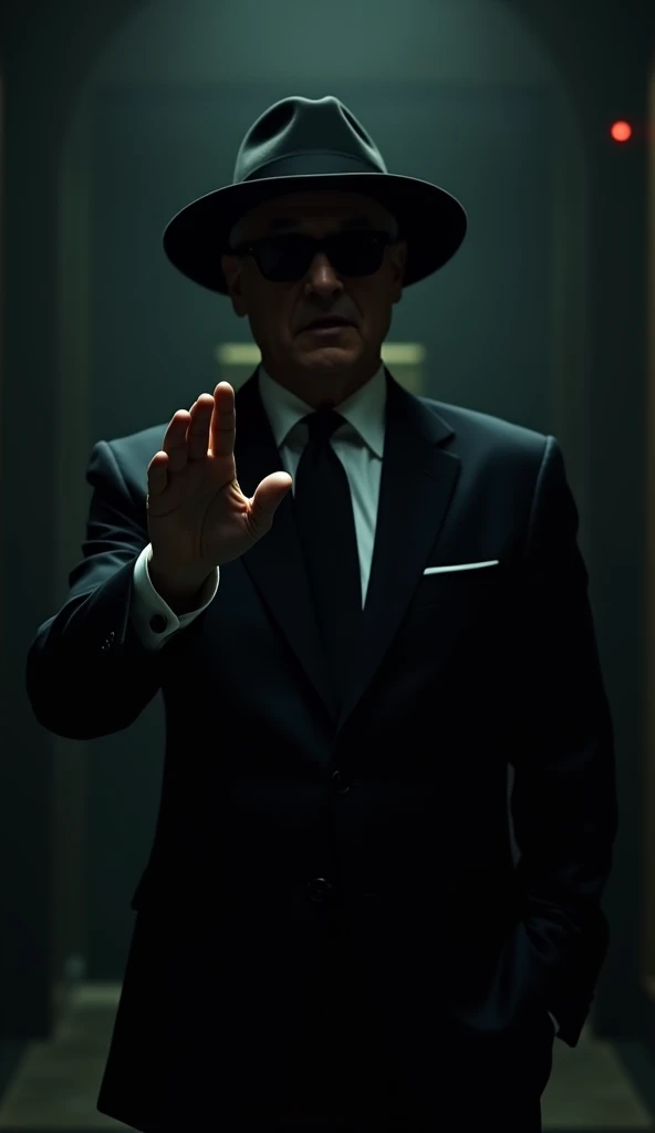 An American government official wearing a black suit , gravata, above all, black hat and dark glasses making a silent sign on a dark background