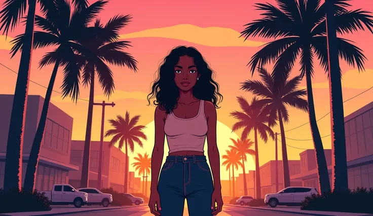 Streetscape　Retro Girl, Miami, sunset,  palm trees, 90s, ( flat color , Flat texture, Line art:1.2),  graphical design, (Dark Ink, Ink Black),Nice girl