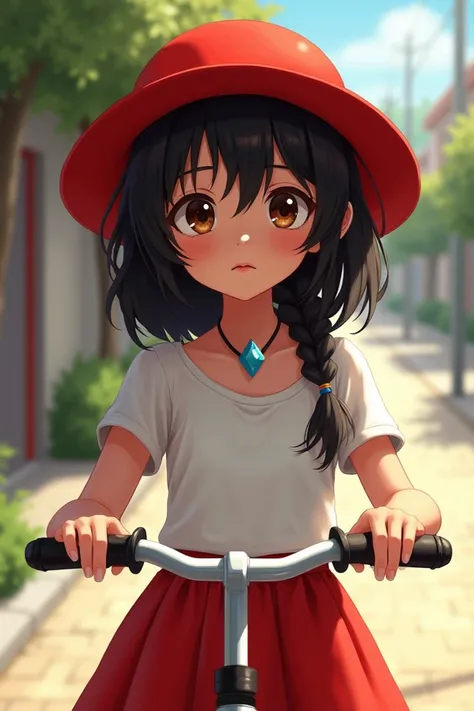 A girl standing alone. Her hands on a handle of a bicycle. She is wearing a red skirt. Her eye lenses brown with black pupil. Her hair color is black. She has a red hat on her head. She is looking strait to the camera...the day is mid sunny.. Her face is g...