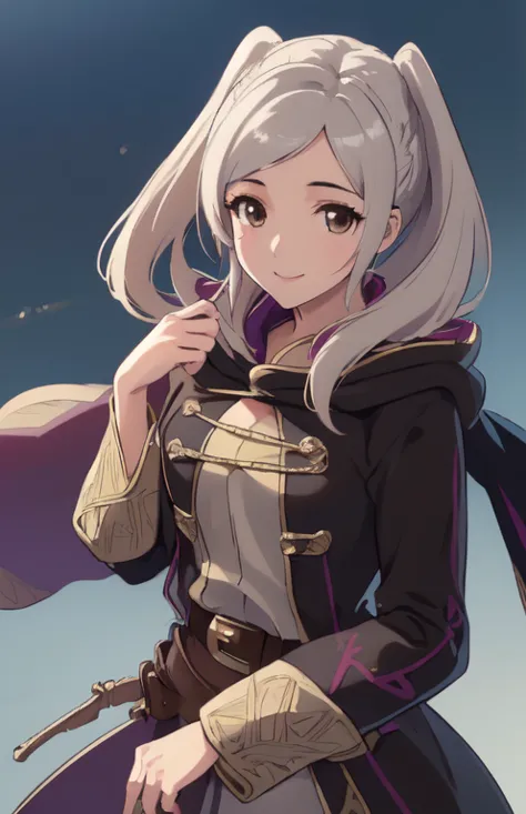 ((Very detailed)), (( best quality)), (( best quality)), ((beautiful eyes)), ((Very detailed)), 4K, (8k),  best quality, (beautiful), Robin Fe, Robe, Hood Down, belt, Tactician ,smile、(( Brown Eyes , place your hands on your lower back))