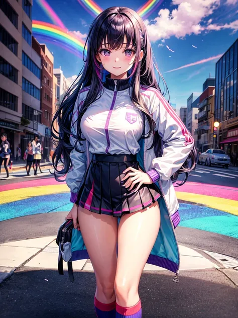  female middle school student，smile，beautiful女の子，ＳＦGirls of the World， track jacket，Multiple girls， piece， horny best quality ， facing the front，future，Rainbow Uniform， full body shot，Rainbow Leather Jacket，New uniform and rainbow cardigan outfit，New beaut...