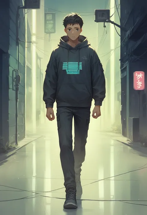 " A young man with short hair and a hoodie ,  walking down a futuristic street full of neon lights and holographic signs . in the shadows,  a mysterious figure holds a technological device with flashes of green light, looking at the man . The atmosphere is...